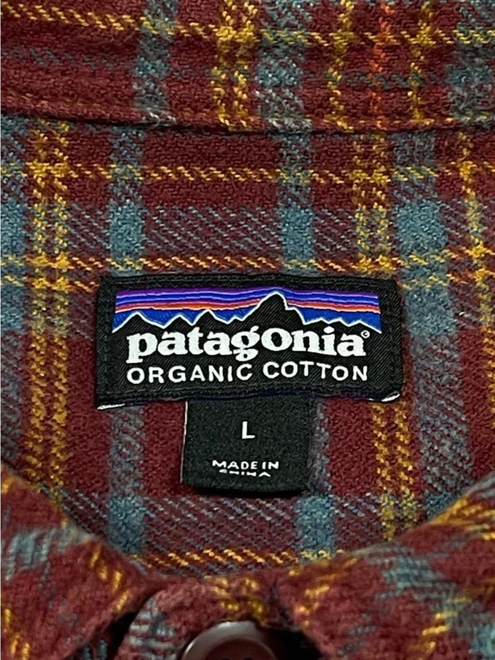 Patagonia Organic Cotton Fjord Flannel Shirt Burgundy Plaid Men's Size Large